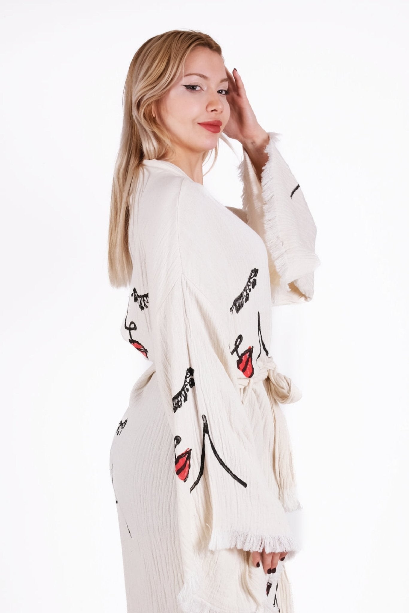 Art Line Face Cream Çift Kat Müslin Kimono | %100 pamuk müslin | el baskı desen | Buldan Culture