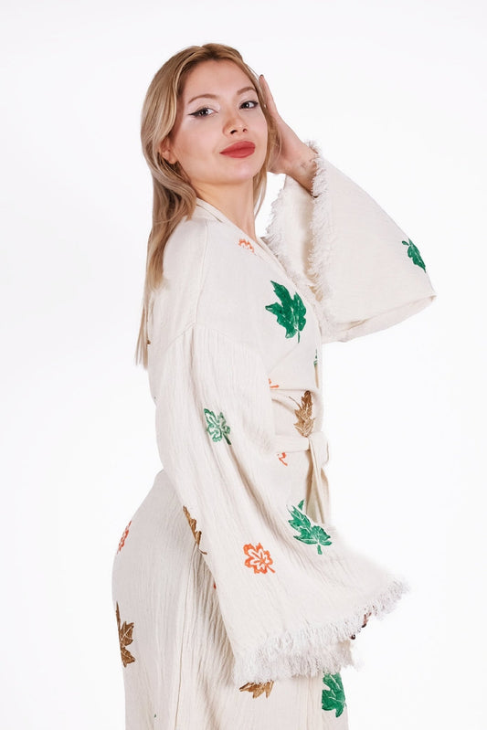 Autumn Whisper Kimono – Çift Kat El Baskılı Müslin | %100 pamuk müslin | el baskı desen | Buldan Culture