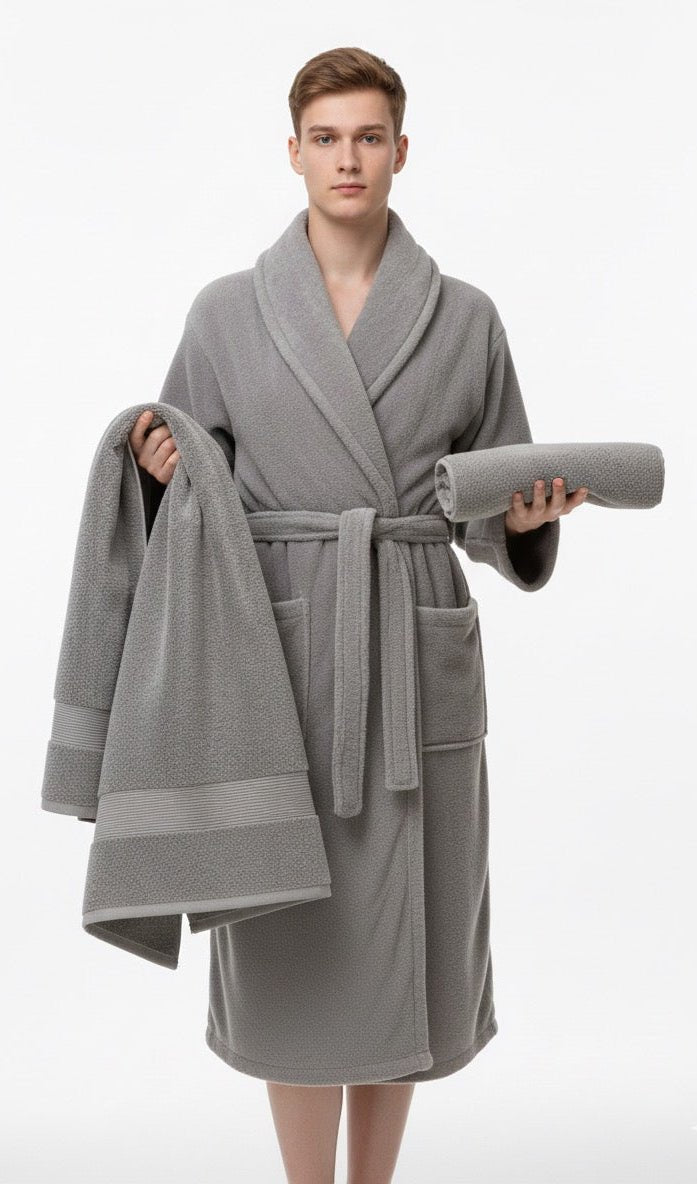 Bamboo Soft Touch 6’lı Çift Kişilik Bornoz Seti – Gri & Beyaz | Standart Beden | Ultra Yumuşak Bambu Dokusu | %100 pamuk müslin | el baskı desen | Buldan Culture