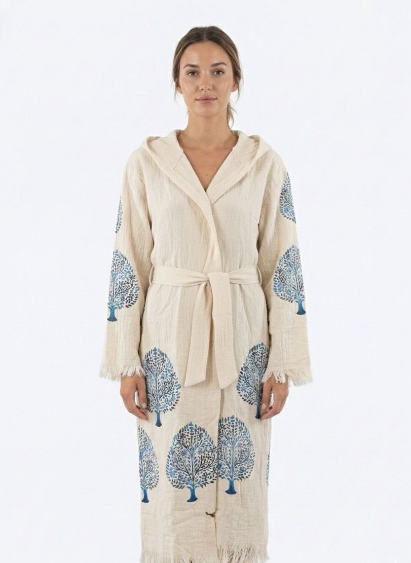 Blue Orchard – Çift Katlı Müslin Bornoz | %100 pamuk müslin | el baskı desen | Buldan Culture