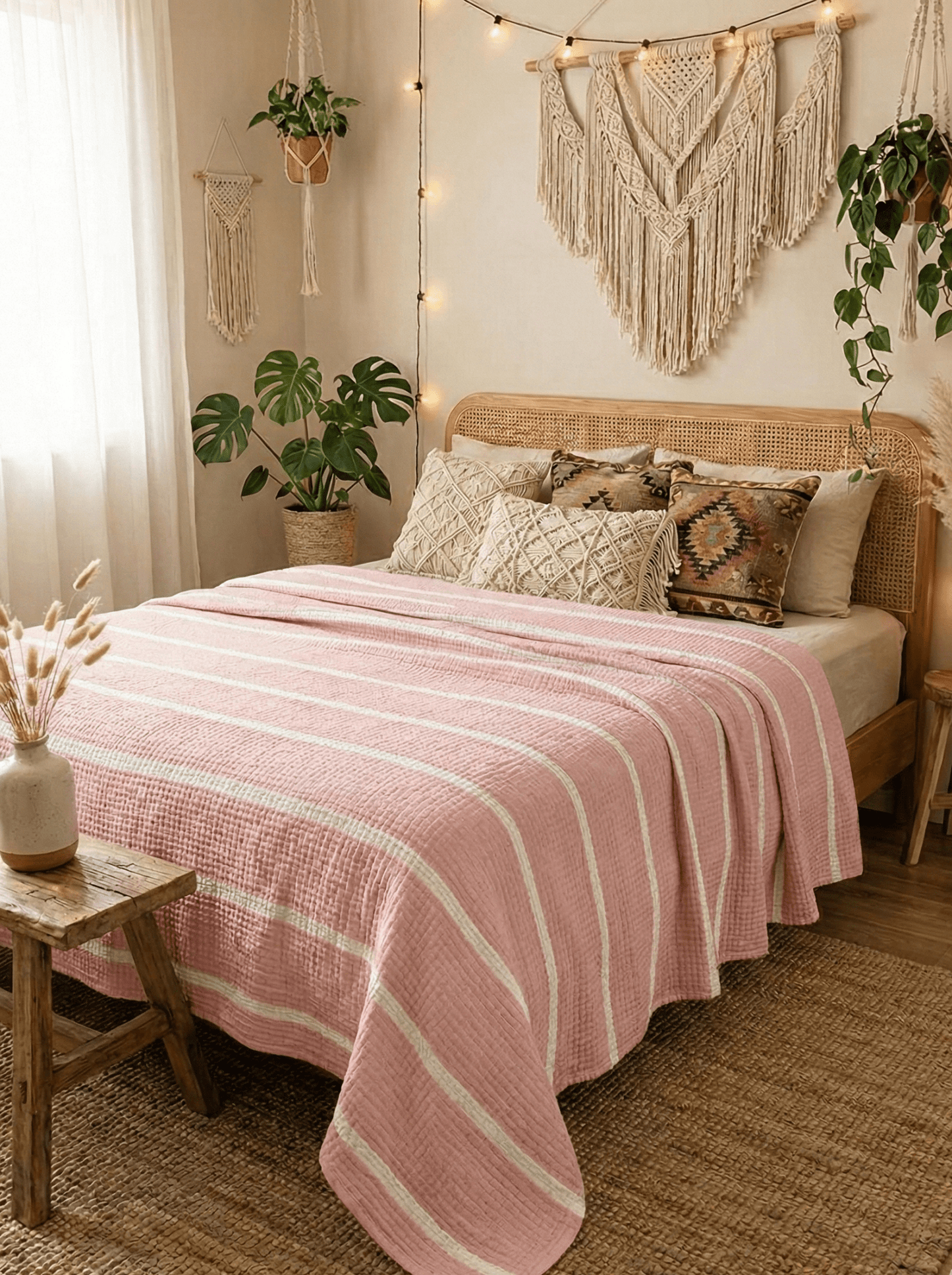 Blush Linea – 6 Katlı Müslin Pike (Soft Pembe Çizgili) | %100 pamuk müslin | el baskı desen | Buldan Culture