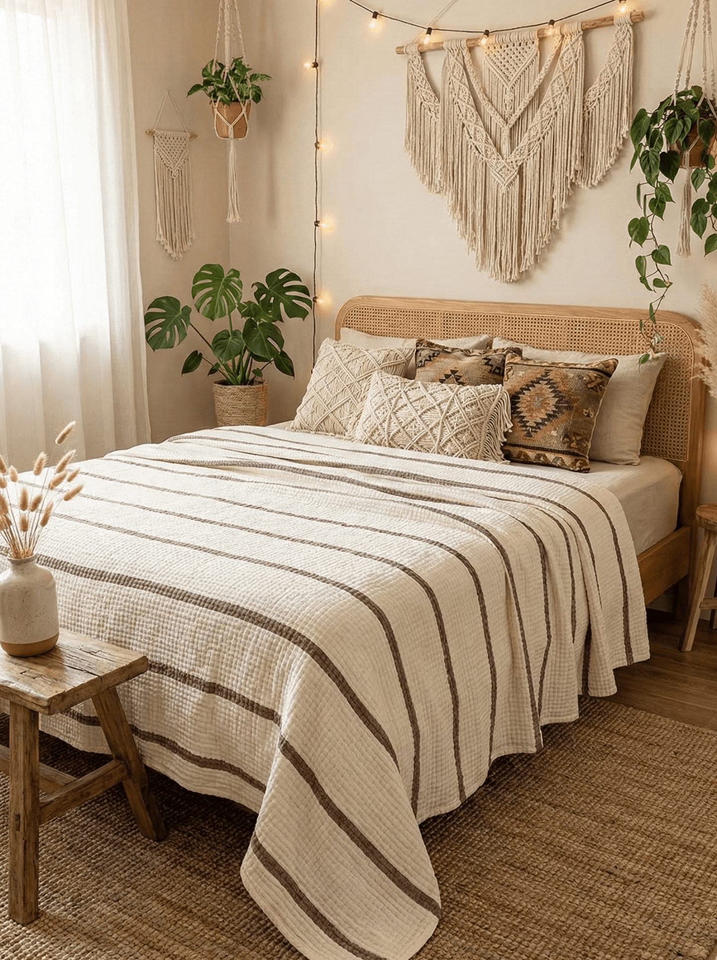 Bohéme Çizgi – 6 Katlı Müslin Pike (Kahve - Linens) | %100 pamuk müslin | el baskı desen | Buldan Culture