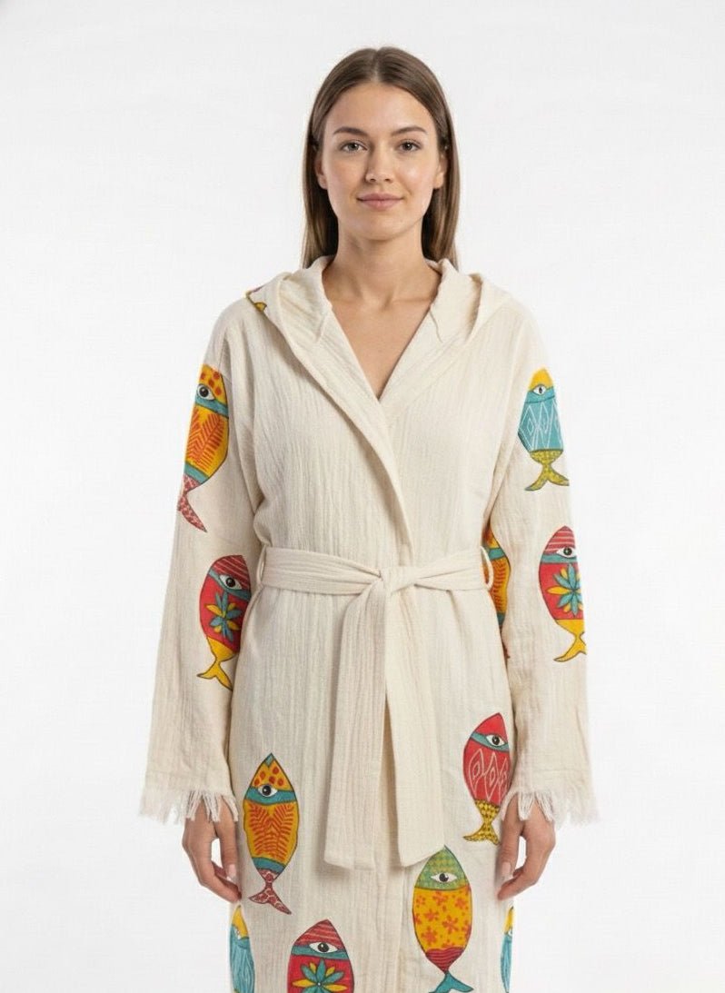 Colorful Tribal Fish – Çift Katlı Müslin Bornoz | %100 pamuk müslin | el baskı desen | Buldan Culture