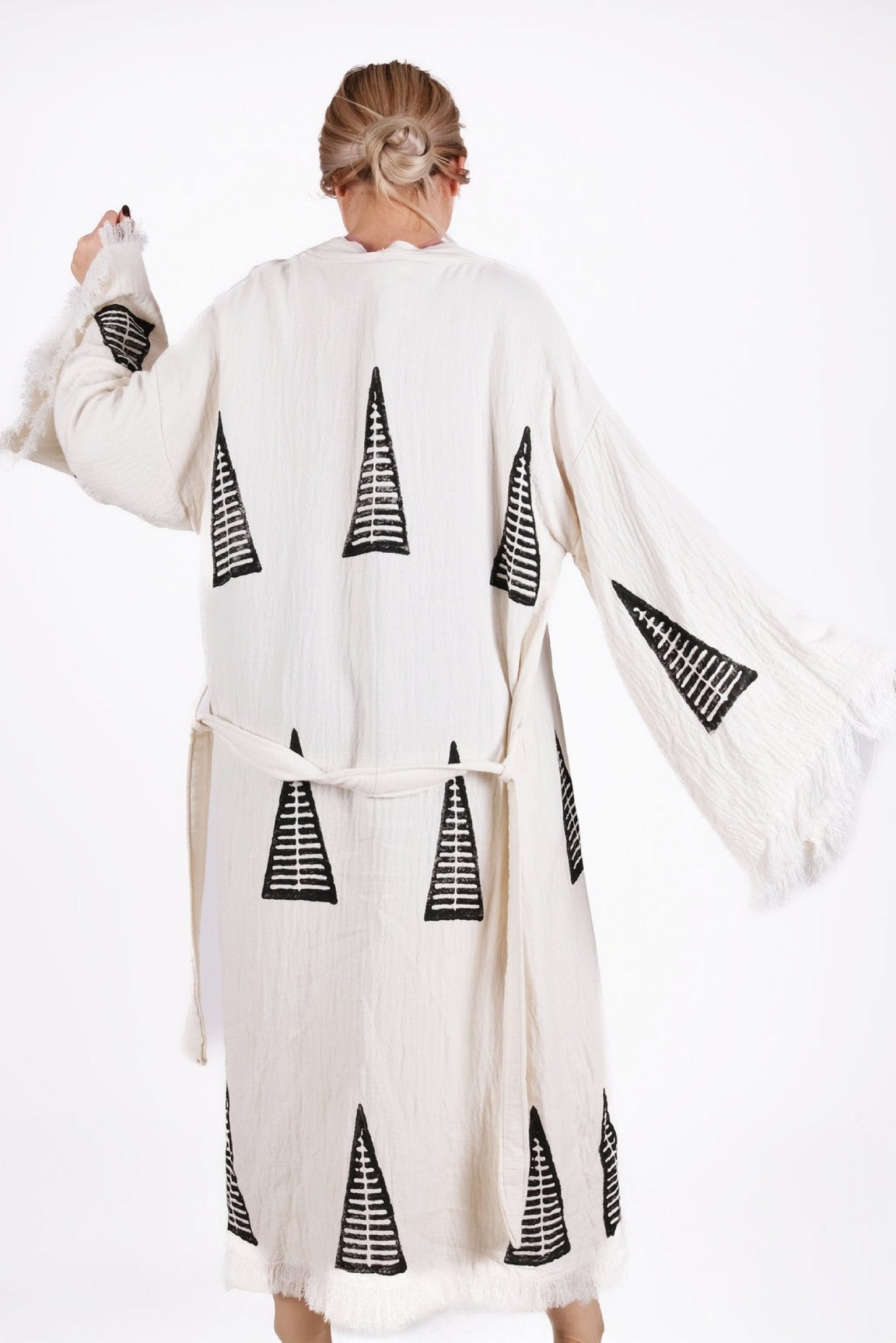 Mono Linea Kimono – Siyah Minimal Tribal Desenli Çift Kat Müslin Kimono | %100 pamuk müslin | el baskı desen | Buldan Culture