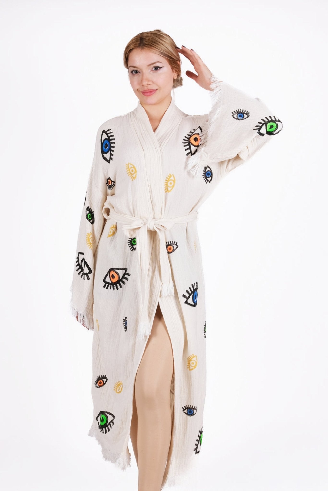 Mystic Eyes Kimono – Renkli El Baskılı Desen | %100 pamuk müslin | el baskı desen | Buldan Culture