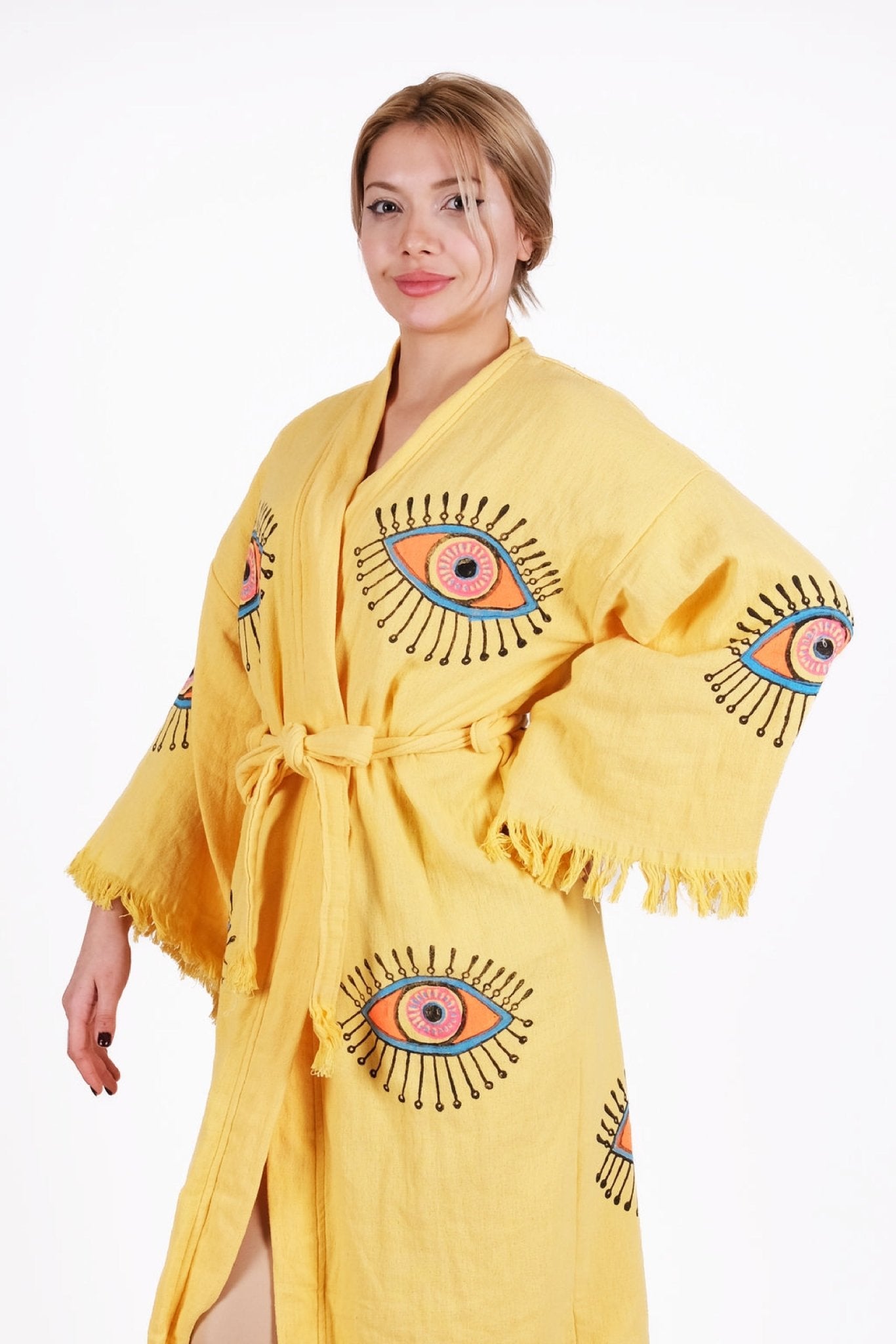 Solar Eye Muslin Kimono – El Baskısı Nazar Desenli | %100 pamuk müslin | el baskı desen | Buldan Culture