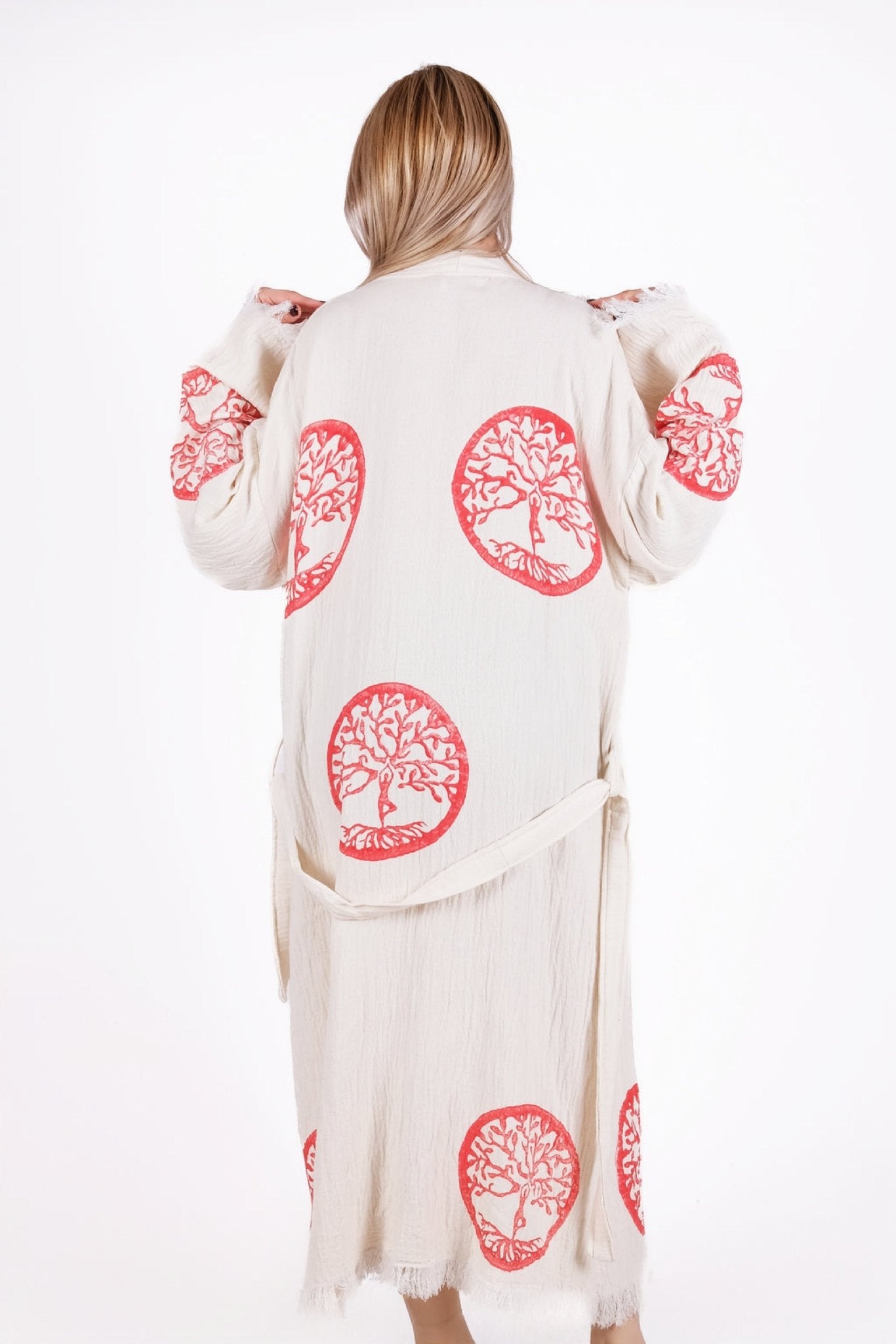 Tree of Life Red Cream Çift Kat Müslin Kimono | %100 pamuk müslin | el baskı desen | Buldan Culture