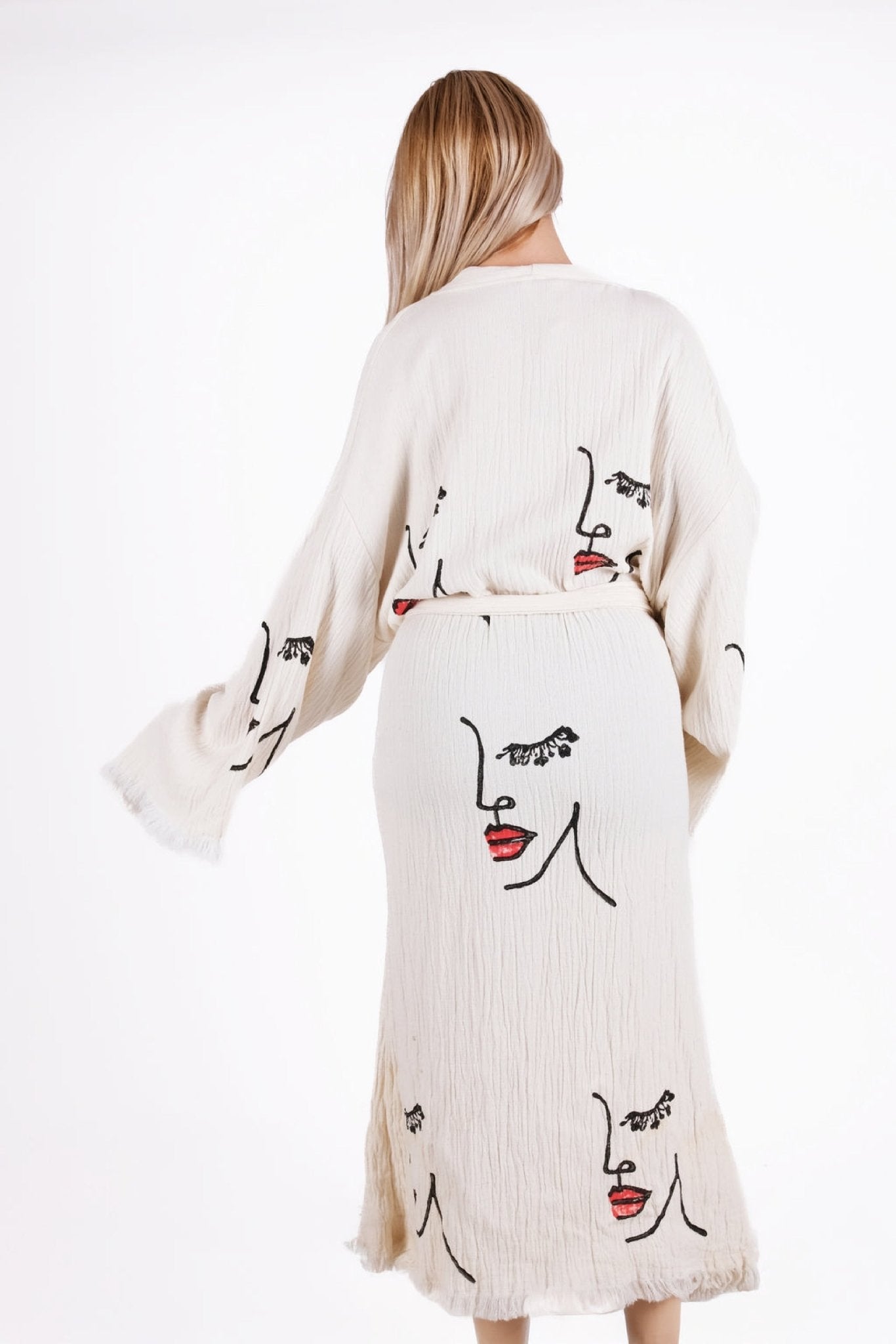 Art Line Face Cream Çift Kat Müslin Kimono | %100 pamuk müslin | el baskı desen | Buldan Culture