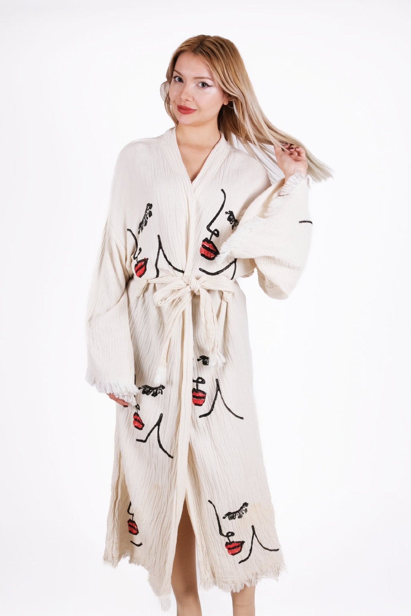 Art Line Face Cream Çift Kat Müslin Kimono | %100 pamuk müslin | el baskı desen | Buldan Culture