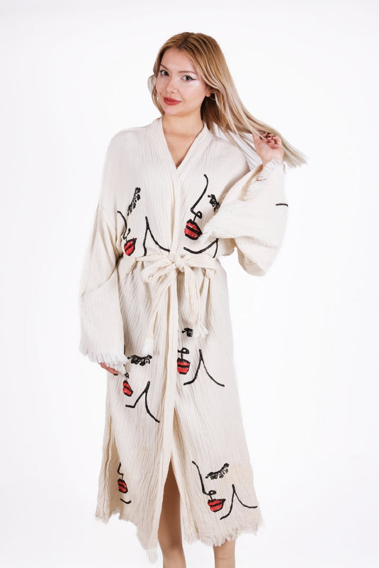 Art Line Face Cream Çift Kat Müslin Kimono | %100 pamuk müslin | el baskı desen | Buldan Culture