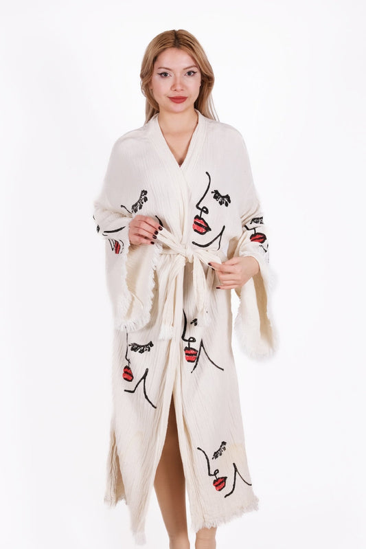 Art Line Face Cream Çift Kat Müslin Kimono | %100 pamuk müslin | el baskı desen | Buldan Culture