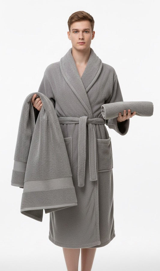 Bamboo Soft Touch 3’lü Erkek Bornoz Seti – Standart Beden | Ultra Yumuşak Bambu Dokusu | %100 pamuk müslin | el baskı desen | Buldan Culture