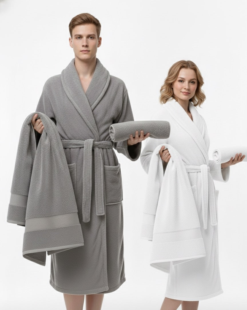 Bamboo Soft Touch 6’lı Çift Kişilik Bornoz Seti – Gri & Beyaz | Standart Beden | Ultra Yumuşak Bambu Dokusu | %100 pamuk müslin | el baskı desen | Buldan Culture