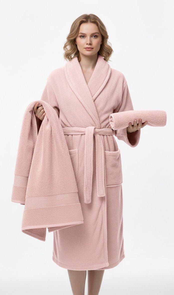 Bamboo Soft Touch 6’lı Çift Kişilik Bornoz Seti – Pudra & Bej | Standart Beden | Ultra Yumuşak Bambu Dokusu | %100 pamuk müslin | el baskı desen | Buldan Culture