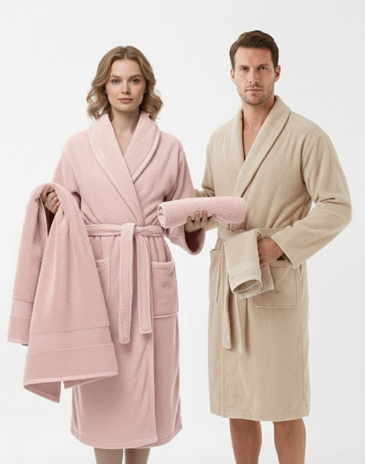 Bamboo Soft Touch 6’lı Çift Kişilik Bornoz Seti – Pudra & Bej | Standart Beden | Ultra Yumuşak Bambu Dokusu | %100 pamuk müslin | el baskı desen | Buldan Culture