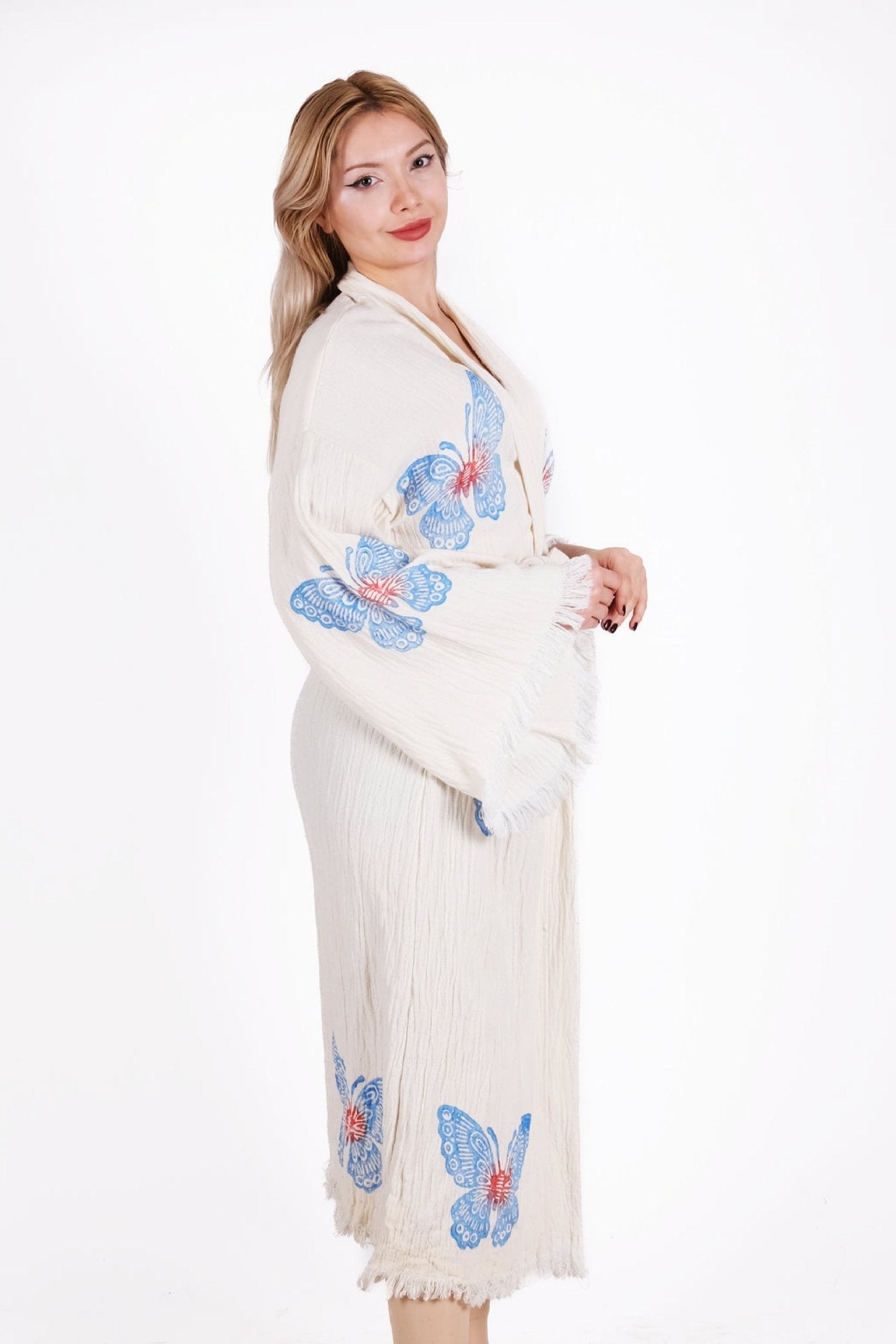 Blue Butterfly Cream Çift Kat Müslin Kimono | %100 pamuk müslin | el baskı desen | Buldan Culture