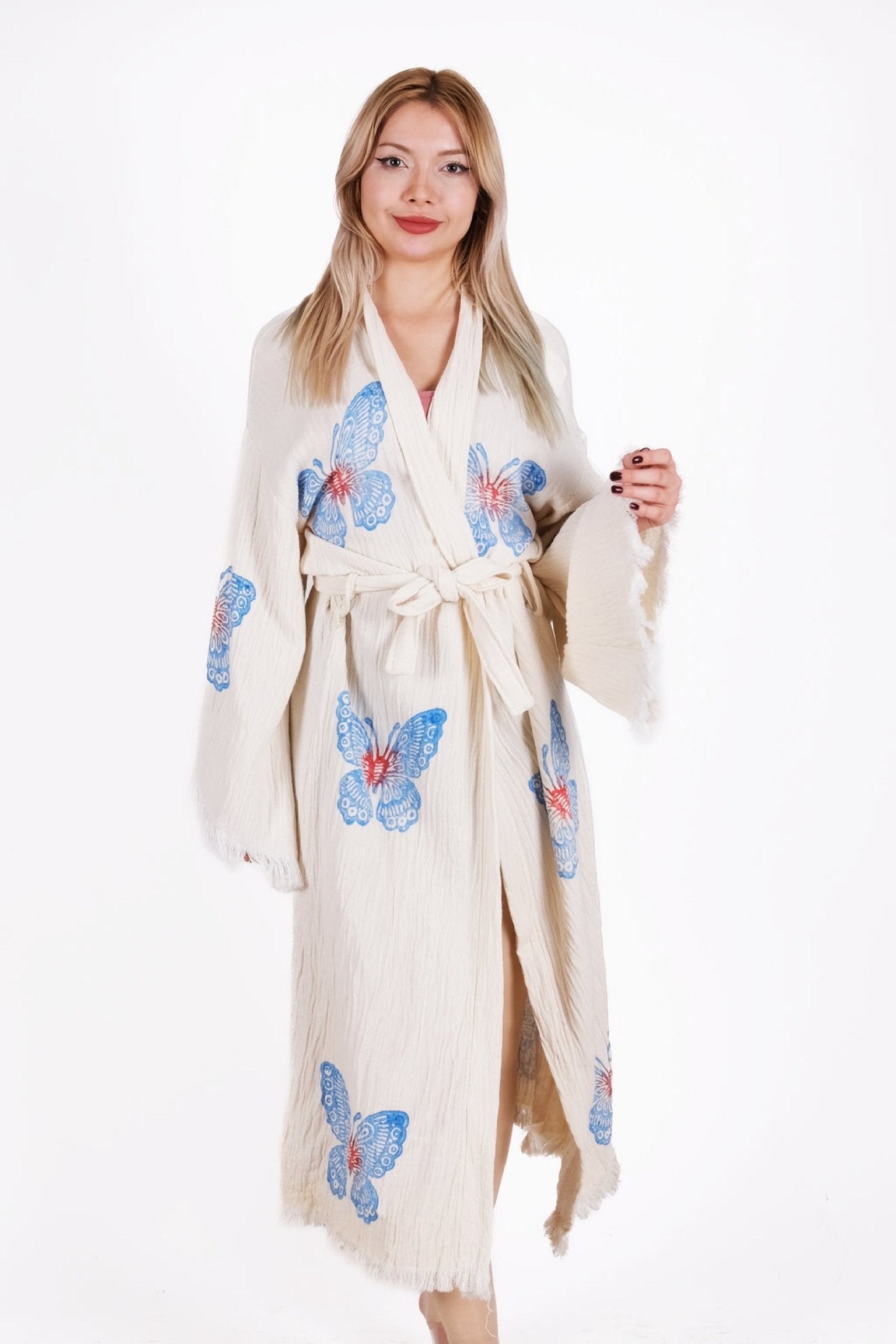 Blue Butterfly Cream Çift Kat Müslin Kimono | %100 pamuk müslin | el baskı desen | Buldan Culture