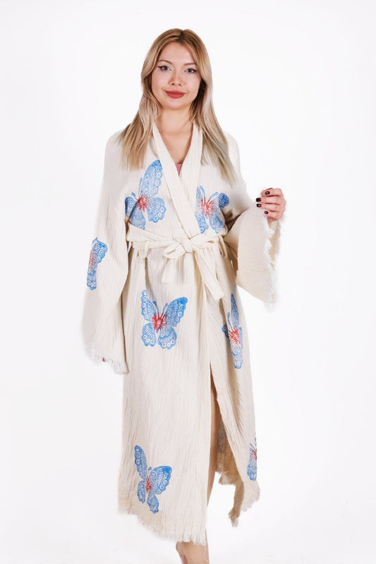 Blue Butterfly Cream Çift Kat Müslin Kimono | %100 pamuk müslin | el baskı desen | Buldan Culture
