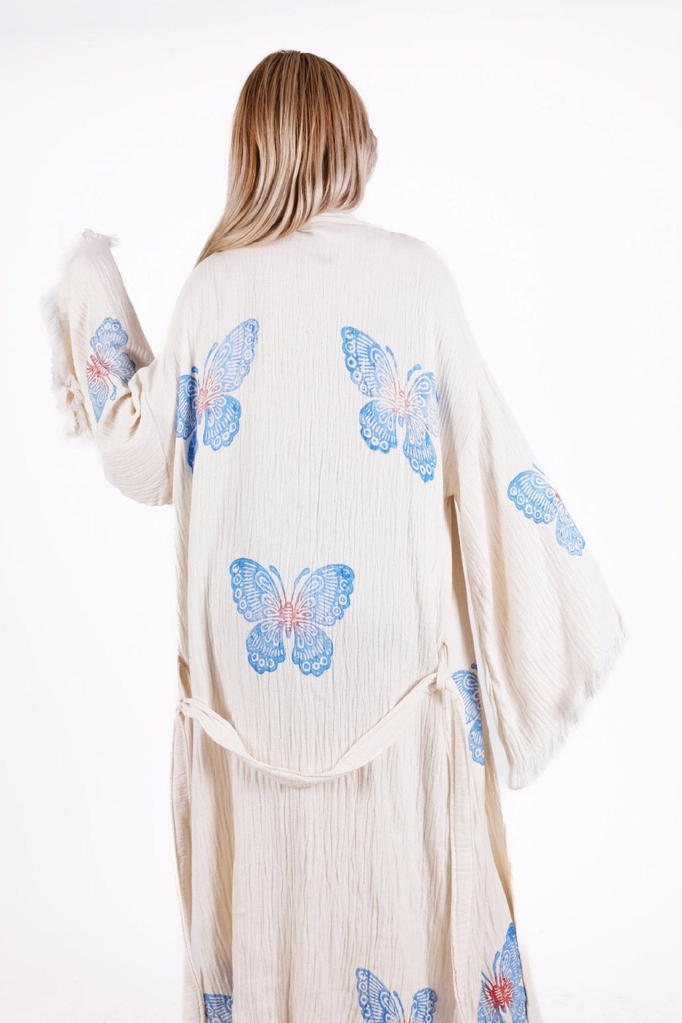 Blue Butterfly Cream Çift Kat Müslin Kimono | %100 pamuk müslin | el baskı desen | Buldan Culture