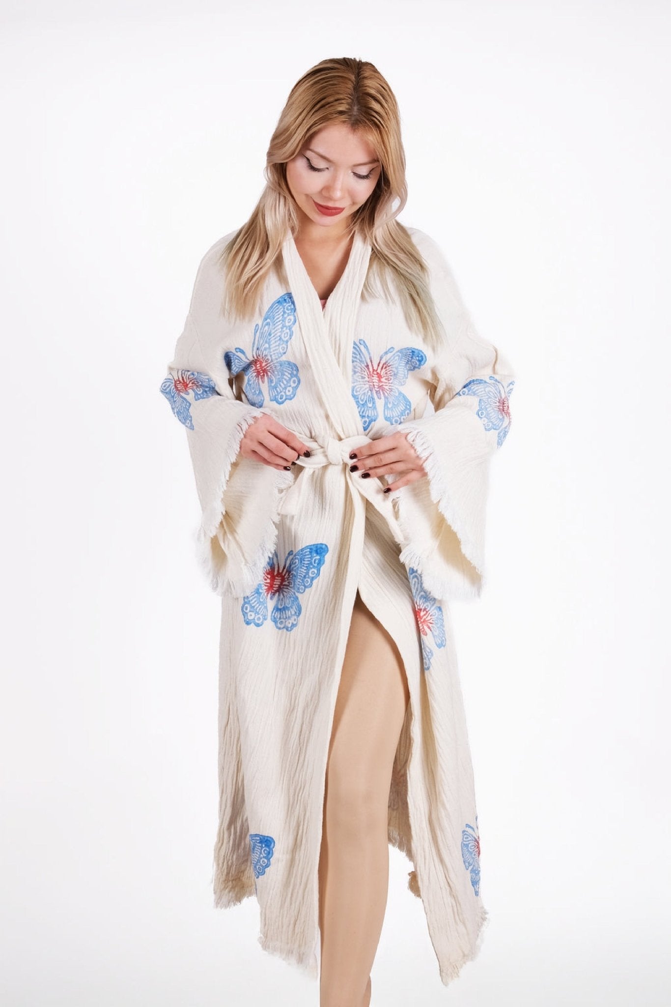 Blue Butterfly Cream Çift Kat Müslin Kimono | %100 pamuk müslin | el baskı desen | Buldan Culture