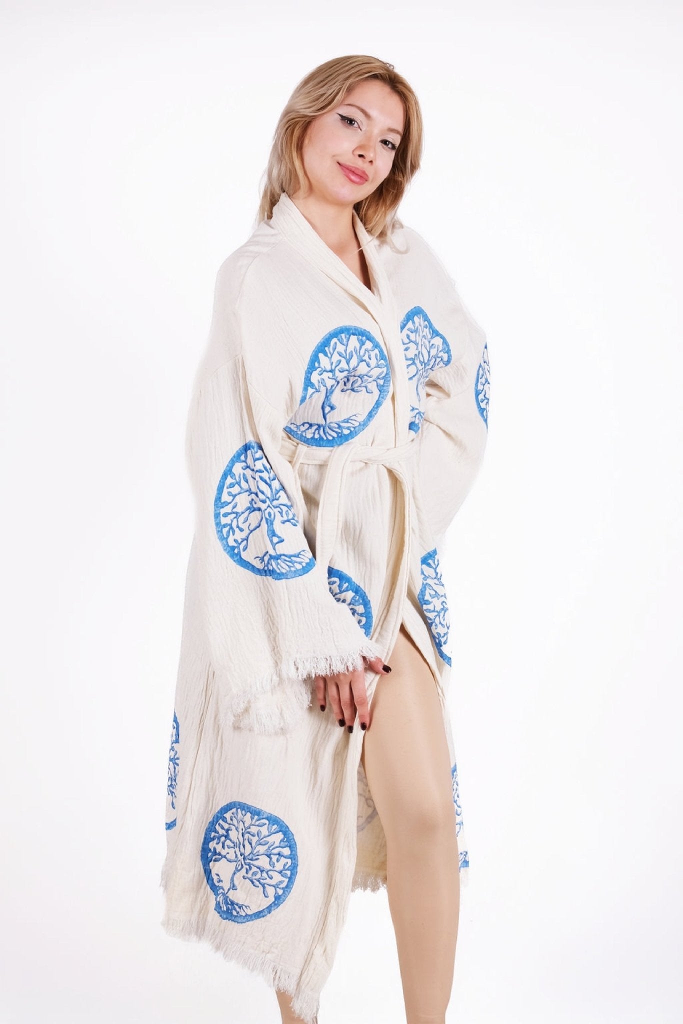 Blue Tree of Life – Çift Kat Müslin Kimono | %100 pamuk müslin | el baskı desen | Buldan Culture