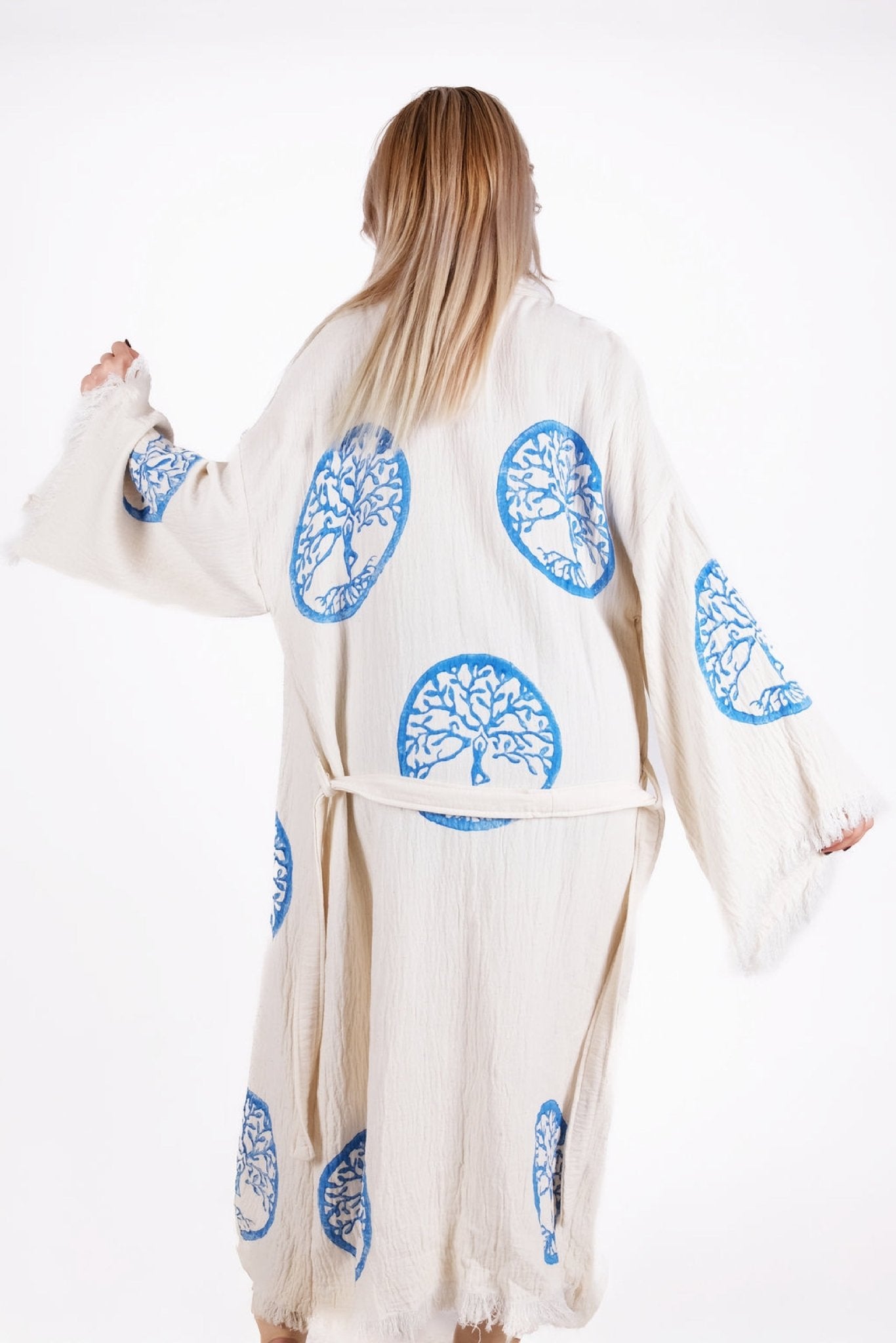 Blue Tree of Life – Çift Kat Müslin Kimono | %100 pamuk müslin | el baskı desen | Buldan Culture