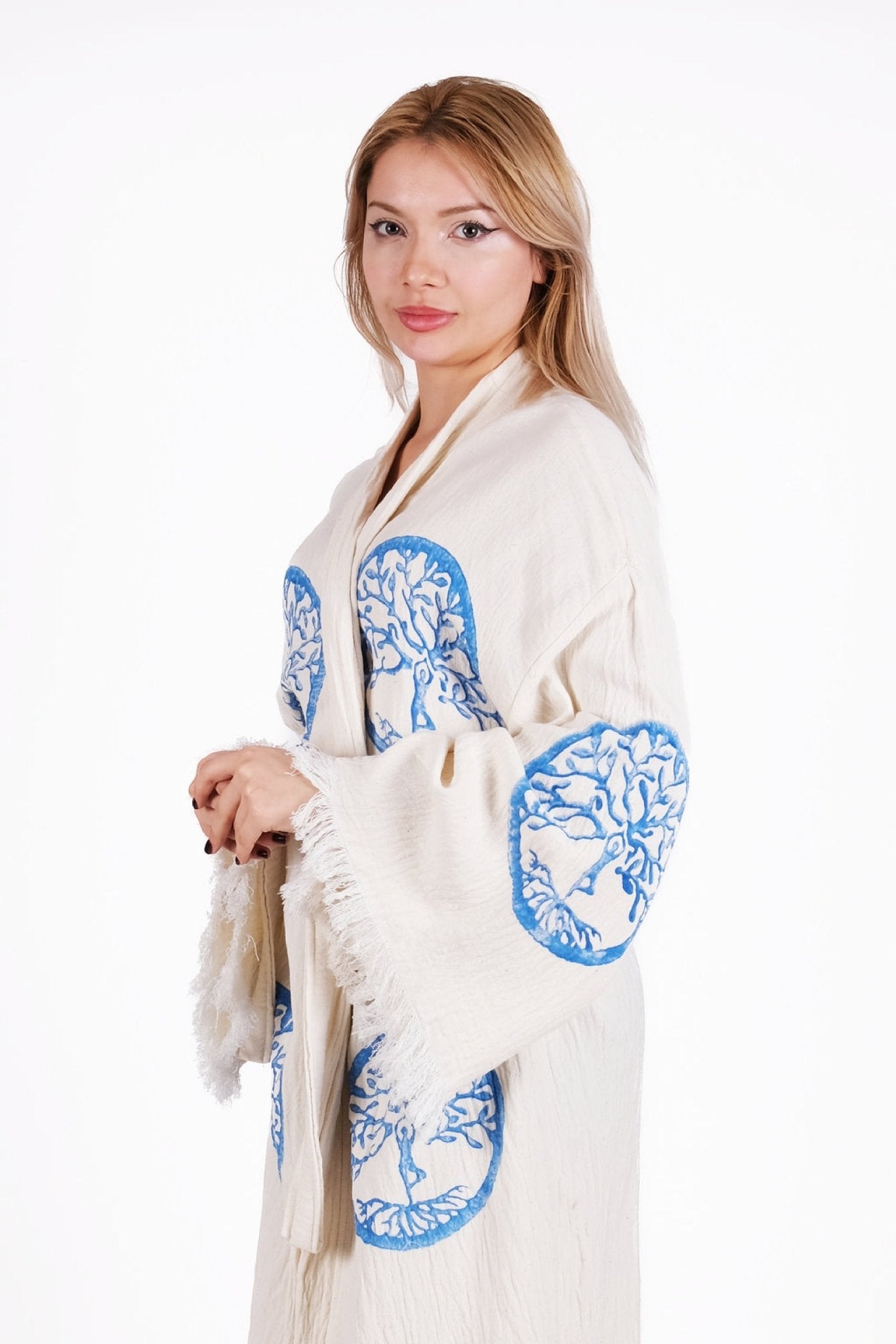 Blue Tree of Life – Çift Kat Müslin Kimono | %100 pamuk müslin | el baskı desen | Buldan Culture