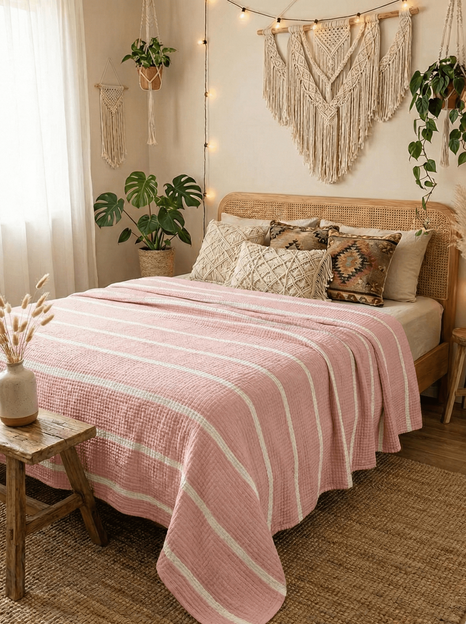 Blush Linea – 6 Katlı Müslin Pike (Soft Pembe Çizgili) | %100 pamuk müslin | el baskı desen | Buldan Culture