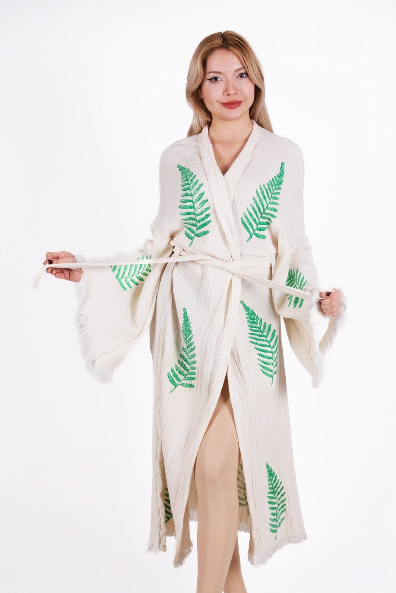 Botanical Fern Cream Çift Kat Müslin Kimono | %100 pamuk müslin | el baskı desen | Buldan Culture