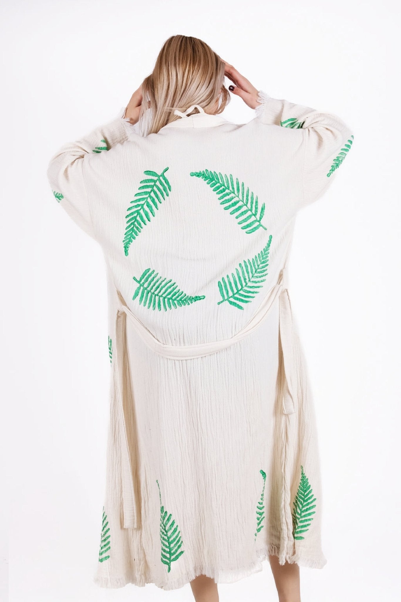 Botanical Fern Cream Çift Kat Müslin Kimono | %100 pamuk müslin | el baskı desen | Buldan Culture