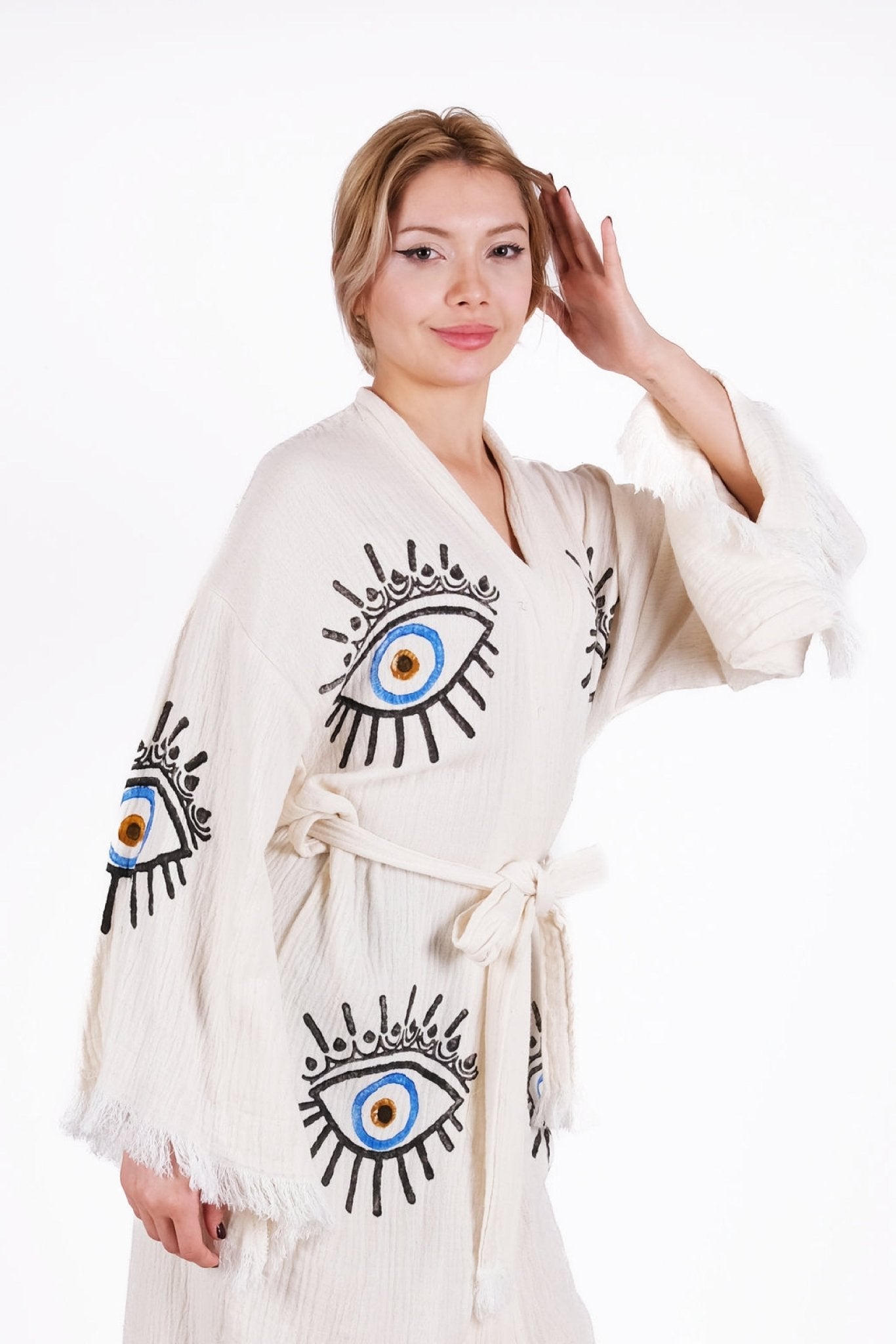 Celestial Blue Eye Kimono – Double - Layer Pure Muslin | %100 pamuk müslin | el baskı desen | Buldan Culture