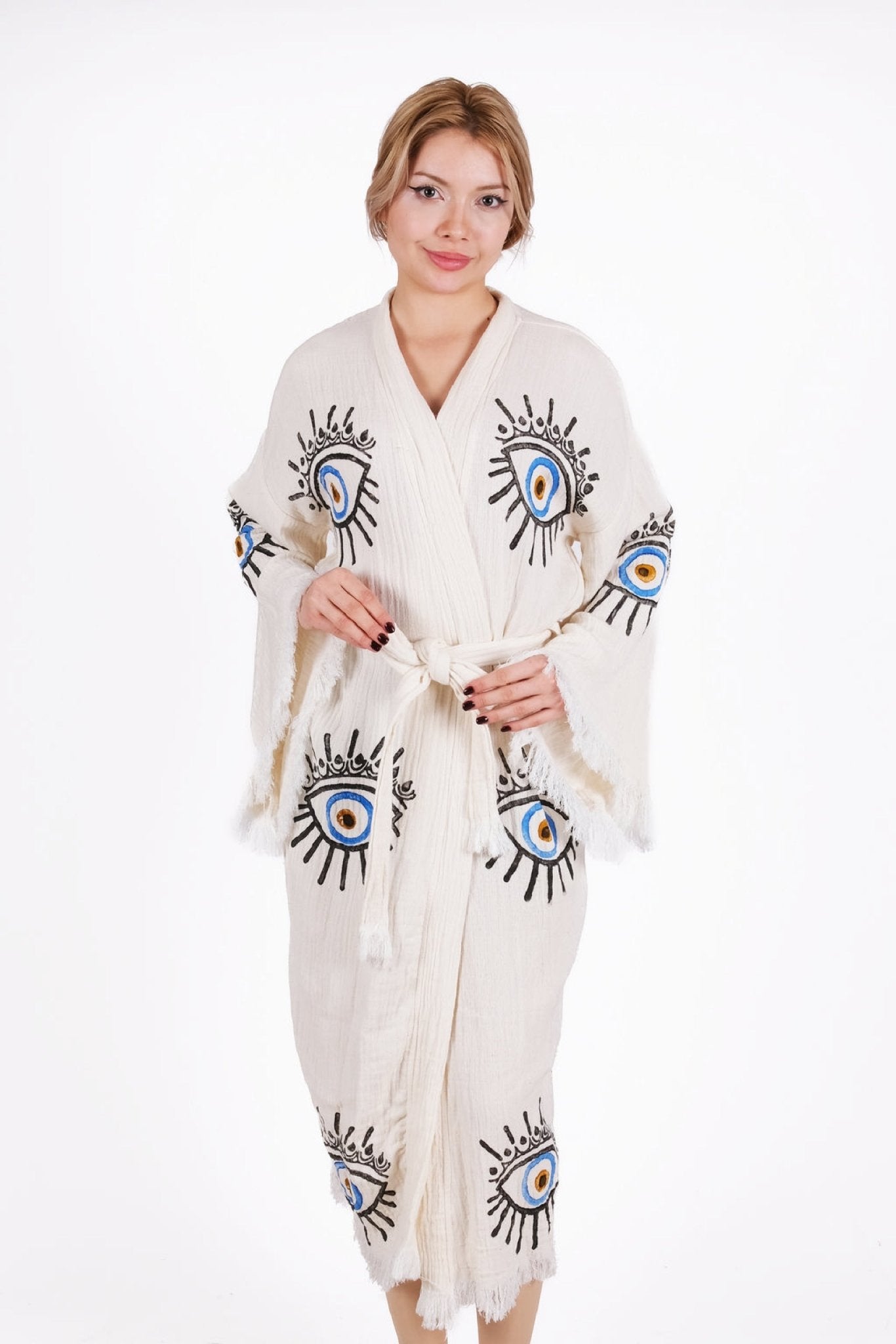 Celestial Blue Eye Kimono – Double - Layer Pure Muslin | %100 pamuk müslin | el baskı desen | Buldan Culture
