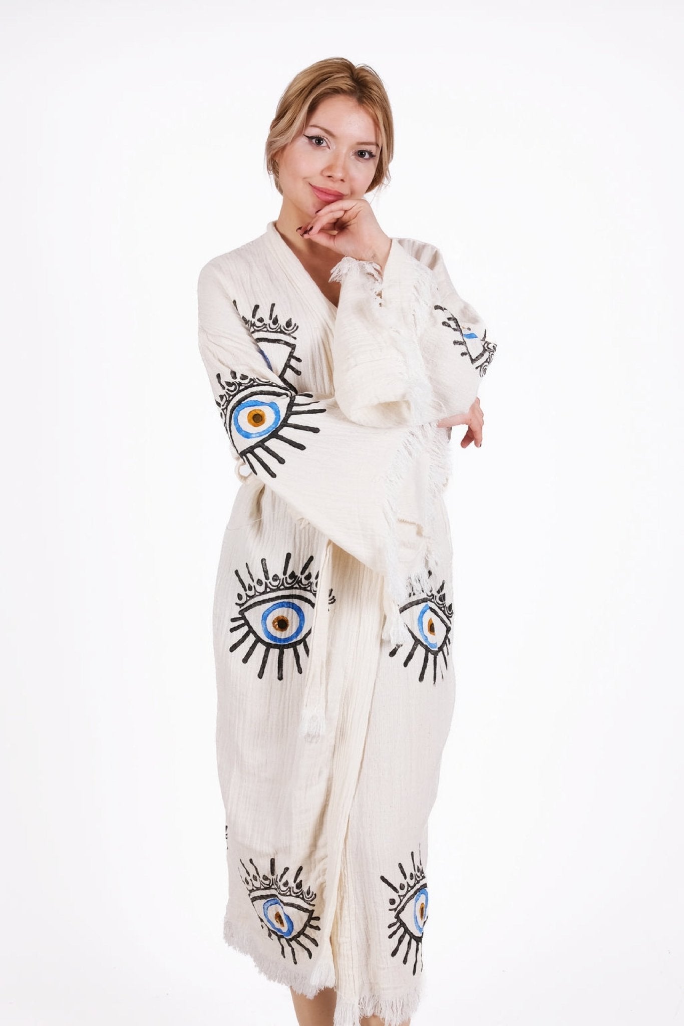 Celestial Blue Eye Kimono – Double - Layer Pure Muslin | %100 pamuk müslin | el baskı desen | Buldan Culture