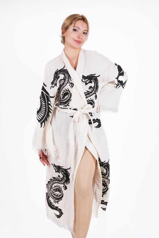 Celestial Dragon Kimono – Çift Kat %100 Pamuk El Baskı Kimono | %100 pamuk müslin | el baskı desen | Buldan Culture