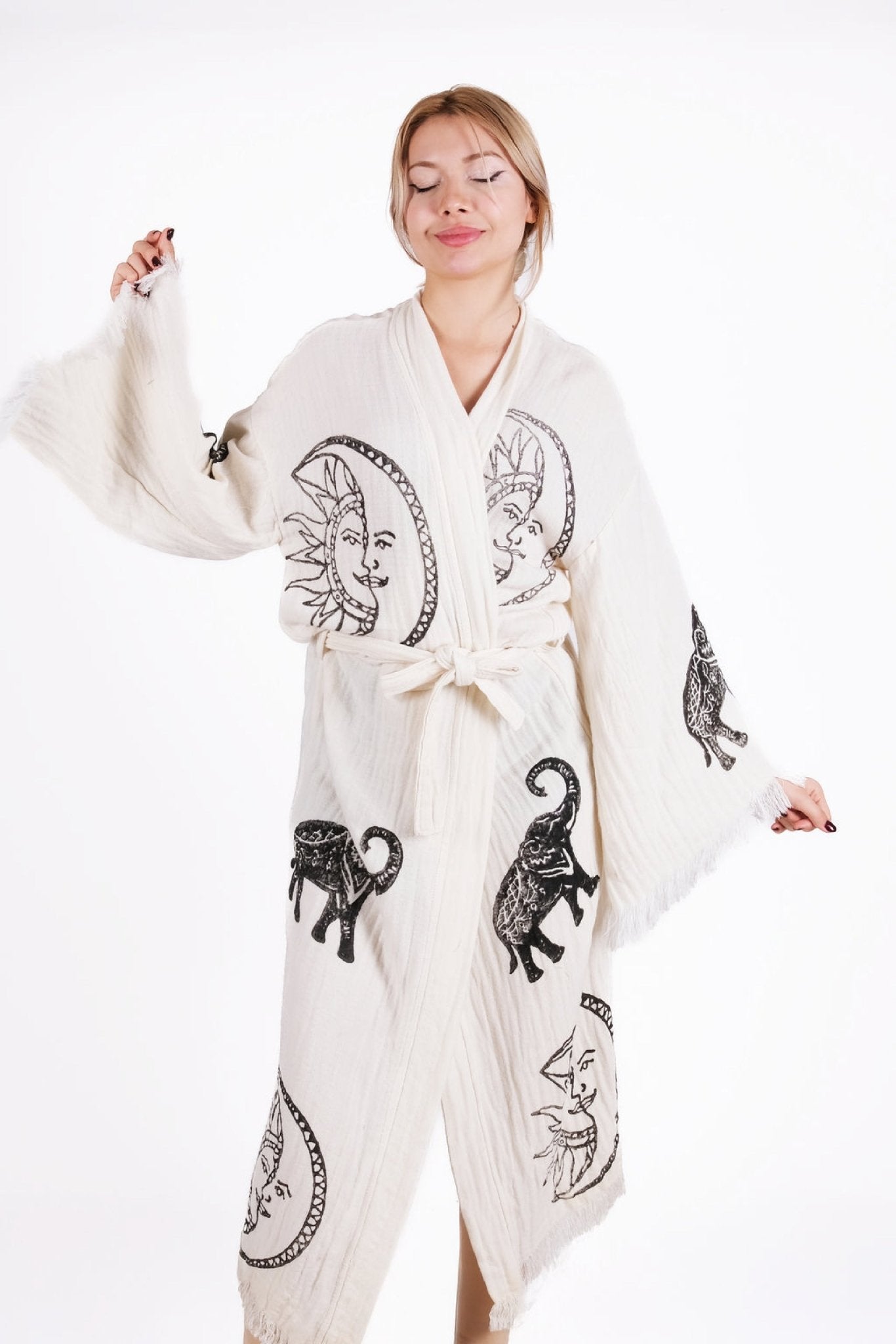 Celestial Harmony – Güneş & Ay Müslin Kimono | %100 pamuk müslin | el baskı desen | Buldan Culture