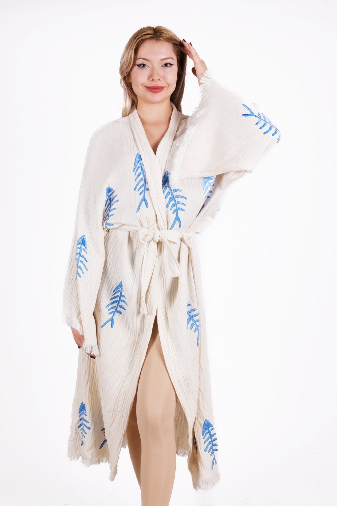 Coastal Fishbone Cream Çift Kat Müslin Kimono | %100 pamuk müslin | el baskı desen | Buldan Culture