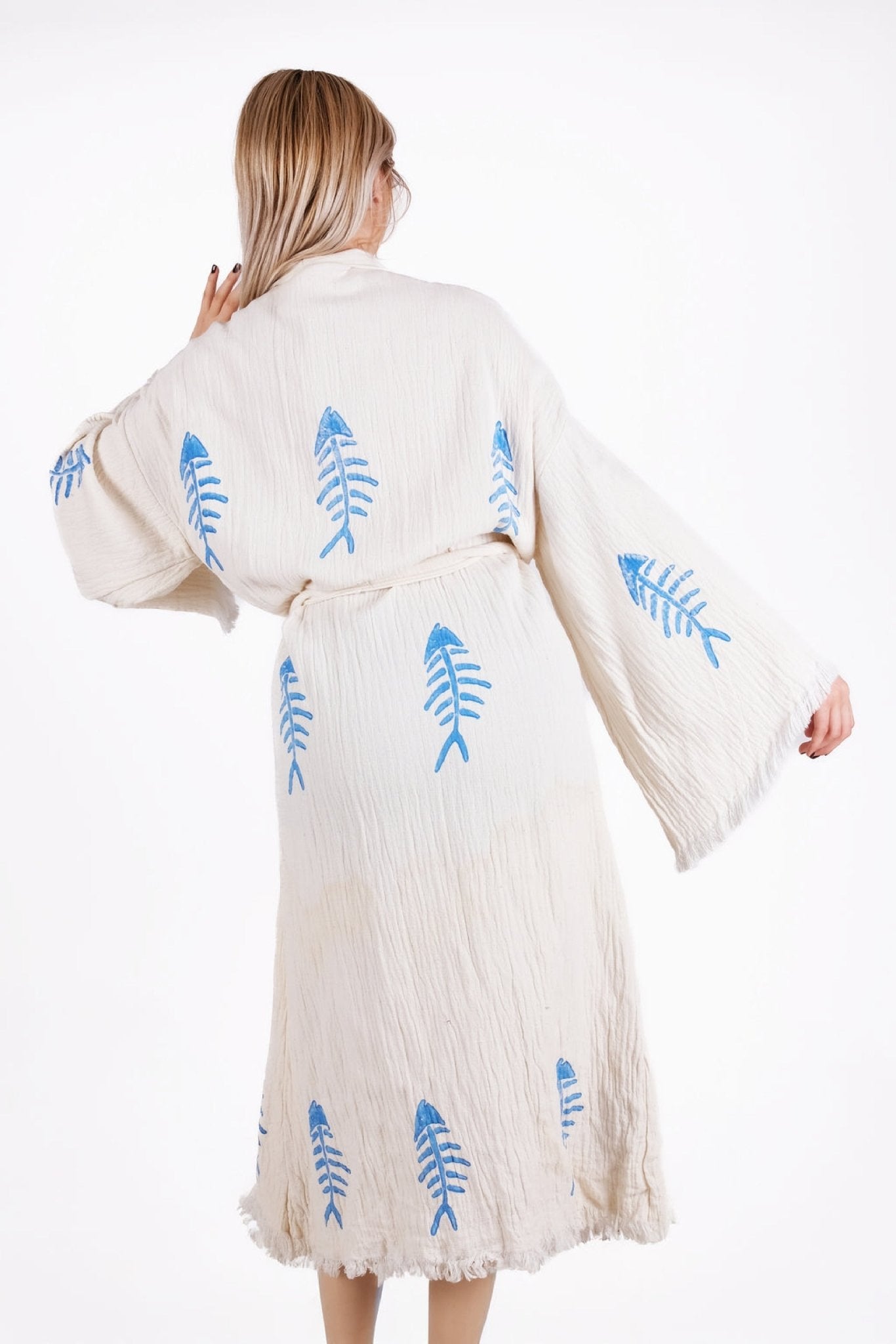 Coastal Fishbone Cream Çift Kat Müslin Kimono | %100 pamuk müslin | el baskı desen | Buldan Culture