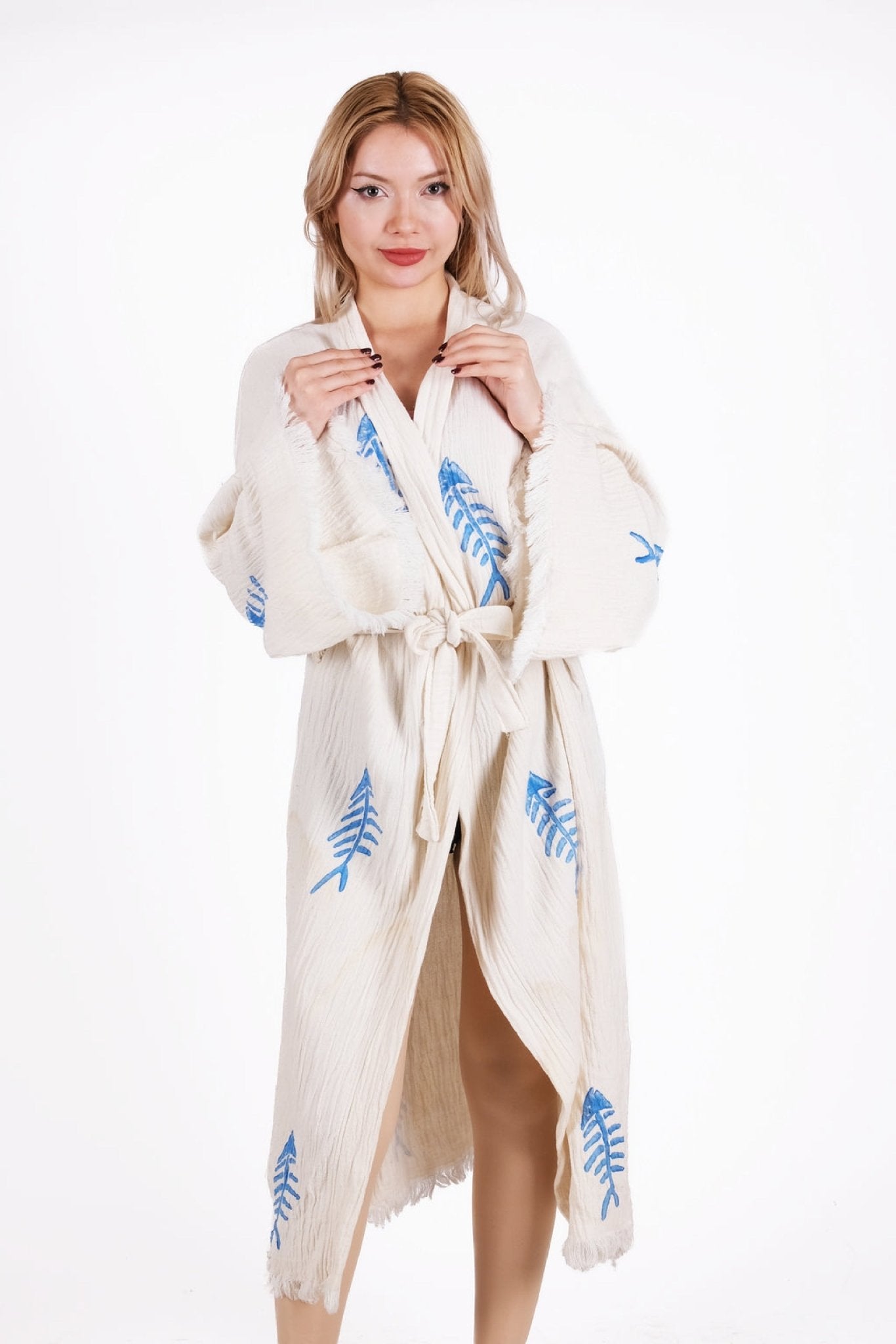 Coastal Fishbone Cream Çift Kat Müslin Kimono | %100 pamuk müslin | el baskı desen | Buldan Culture