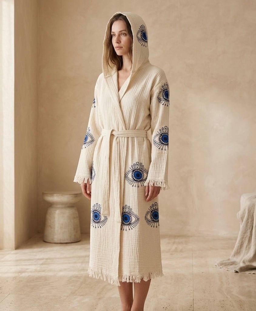 Elyssia Blue Eye Çift Kat Müslin Bornoz | %100 pamuk müslin | el baskı desen | Buldan Culture