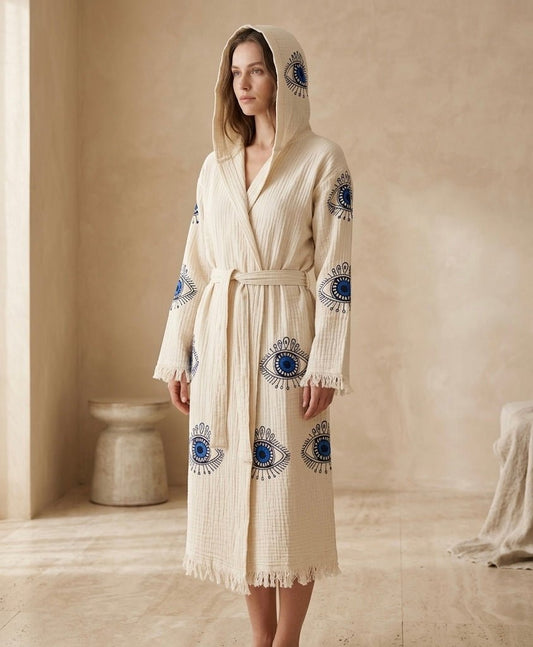 Elyssia Blue Eye Çift Kat Müslin Bornoz | %100 pamuk müslin | el baskı desen | Buldan Culture