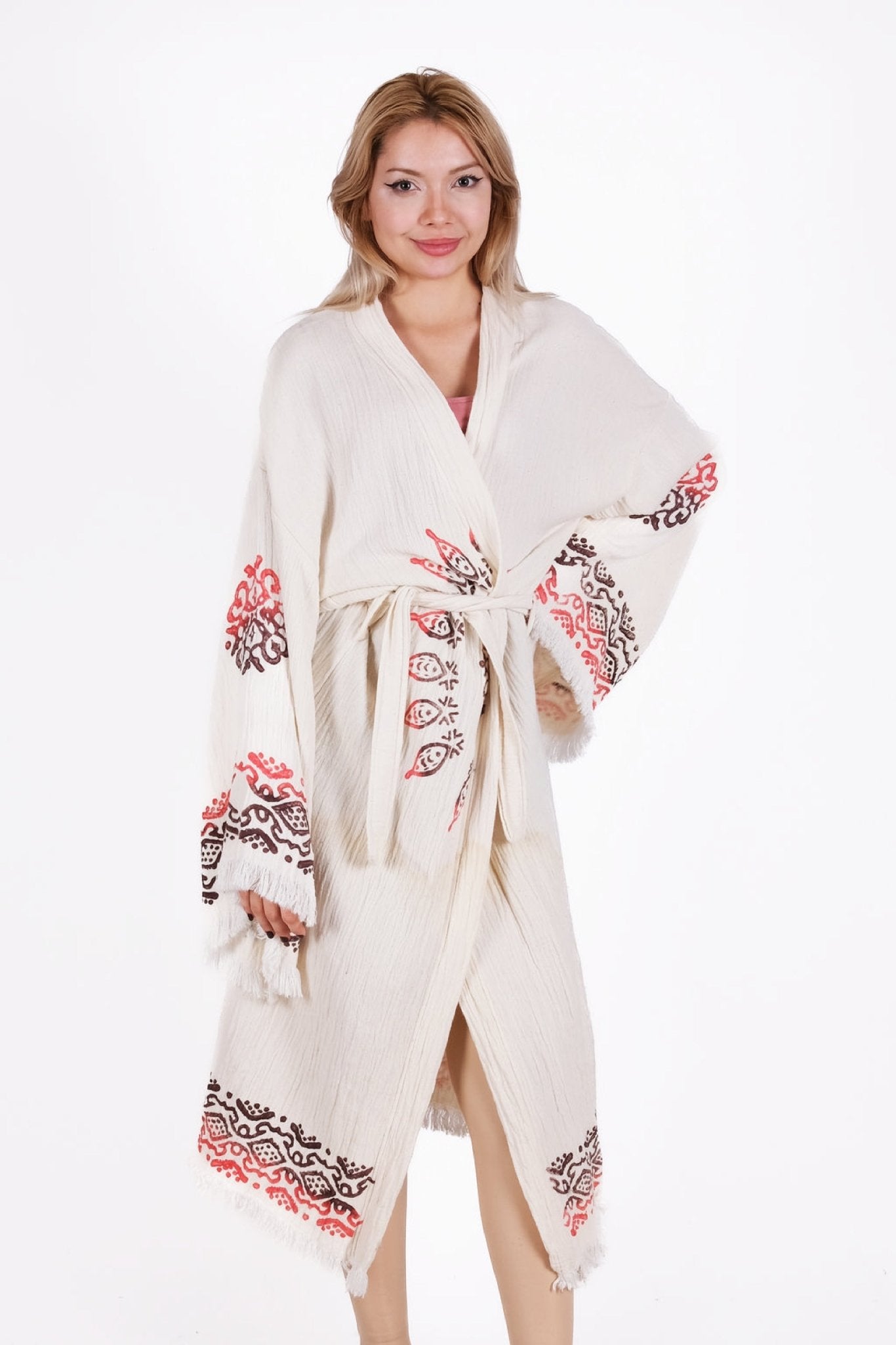 Ethnic Coral Mandala Kimono | %100 pamuk müslin | el baskı desen | Buldan Culture