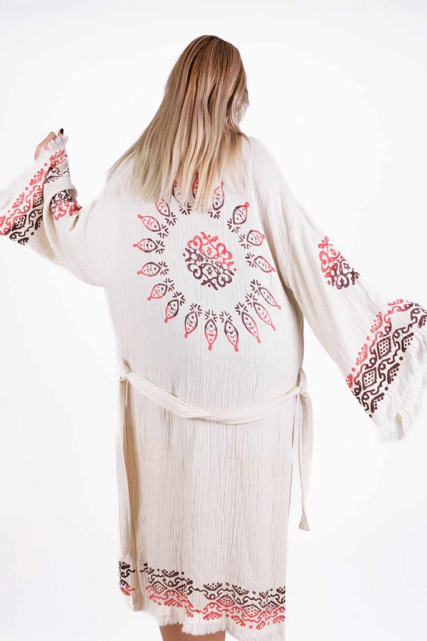 Ethnic Coral Mandala Kimono | %100 pamuk müslin | el baskı desen | Buldan Culture
