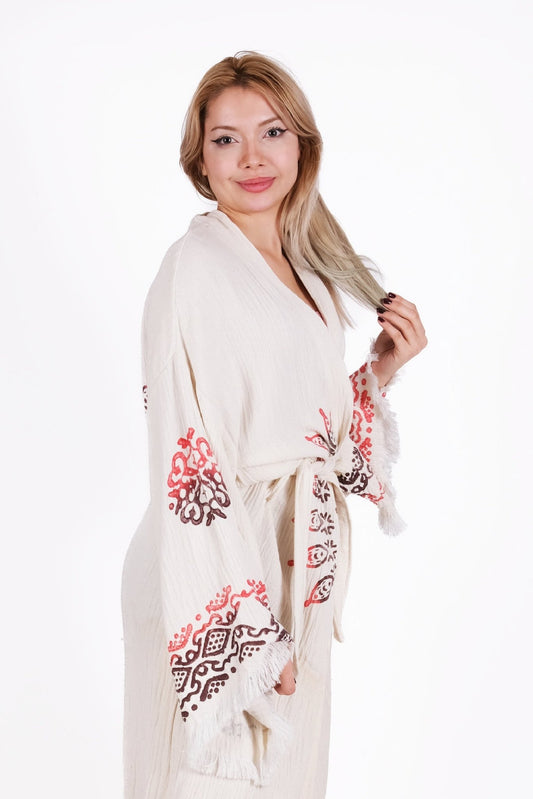 Ethnic Coral Mandala Kimono | %100 pamuk müslin | el baskı desen | Buldan Culture