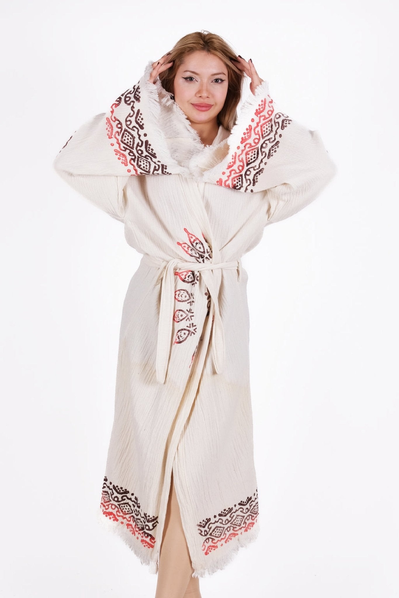 Ethnic Coral Mandala Kimono | %100 pamuk müslin | el baskı desen | Buldan Culture