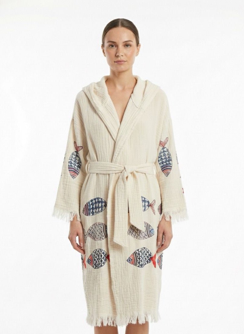 Etnic Fishwave – Çift Katlı Müslin Bornoz | %100 pamuk müslin | el baskı desen | Buldan Culture