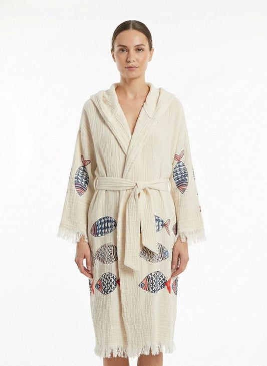 Etnic Fishwave – Çift Katlı Müslin Bornoz | %100 pamuk müslin | el baskı desen | Buldan Culture