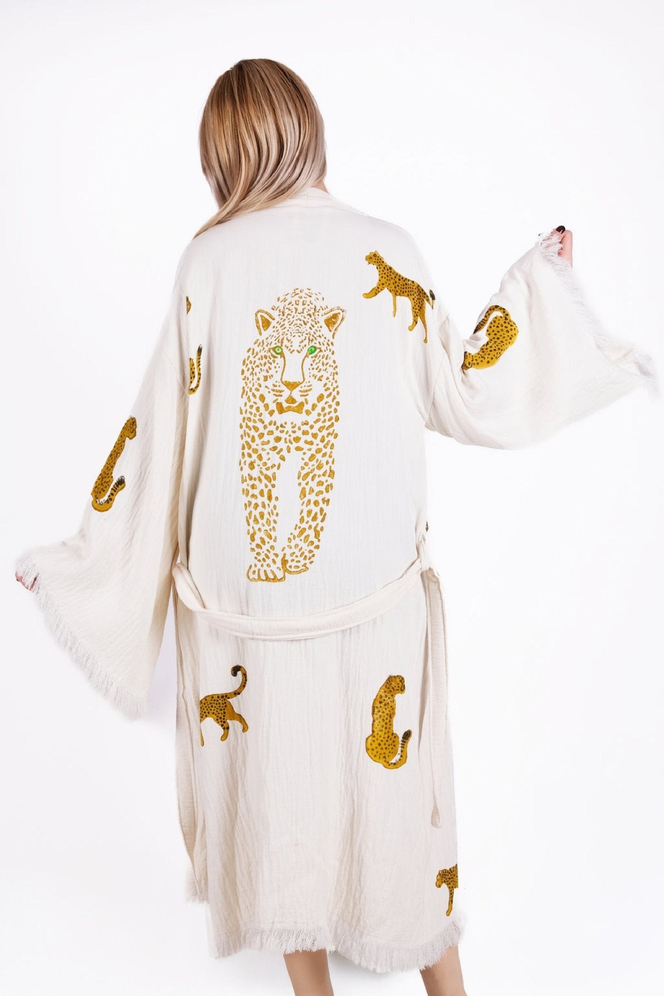 Golden Leopard Cream Çift Kat Müslin Kimono | %100 pamuk müslin | el baskı desen | Buldan Culture