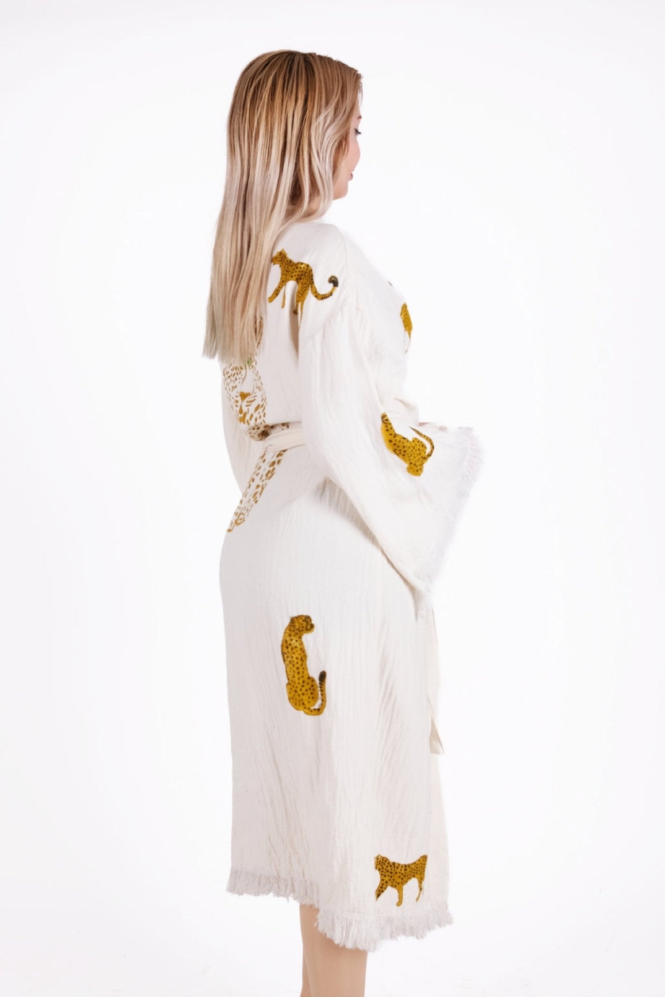 Golden Leopard Cream Çift Kat Müslin Kimono | %100 pamuk müslin | el baskı desen | Buldan Culture