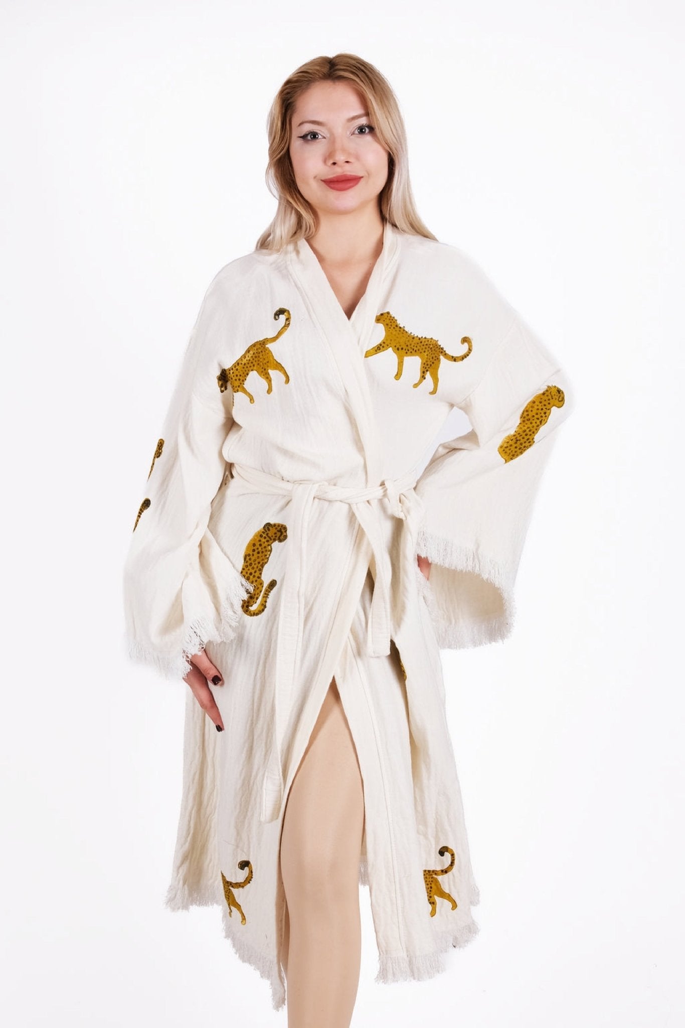 Golden Leopard Cream Çift Kat Müslin Kimono | %100 pamuk müslin | el baskı desen | Buldan Culture