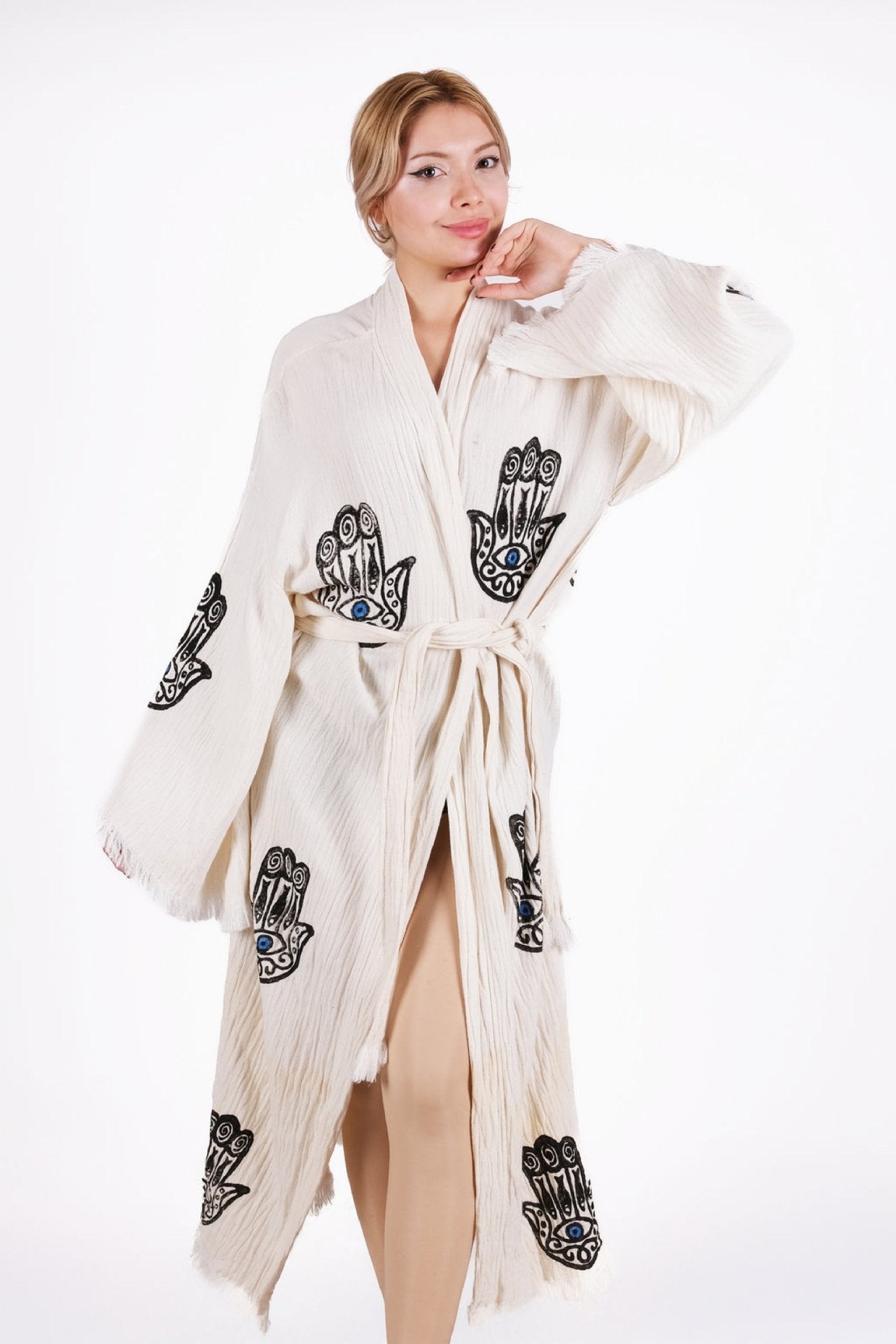Hamsa Sacred Shield Kimono – Çift Kat %100 Pamuk El Baskı Kimono | %100 pamuk müslin | el baskı desen | Buldan Culture